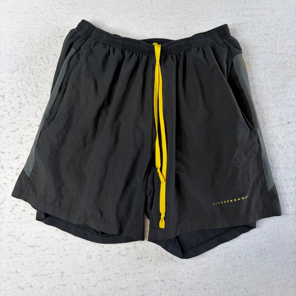 Nike LIVESTRONG Dri-FIT Running Shorts Mens Medium Black Yellow Gray 2-in-1